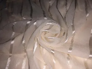 100% SILK CHIFFON  fabric white ivory with silver jacquard stripes 54" wide [16085/6949]