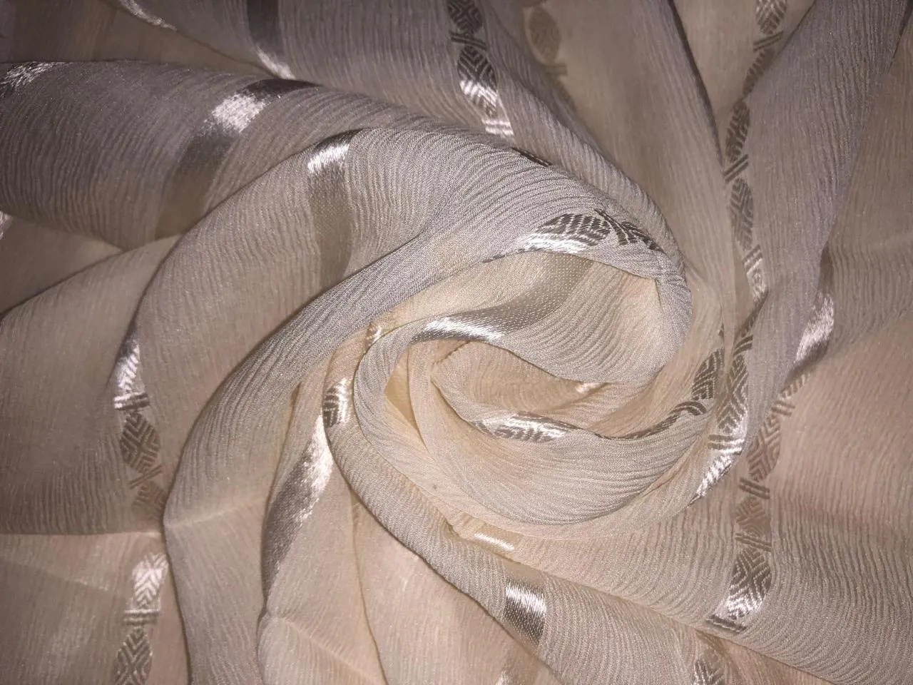 100% SILK CHIFFON  fabric white ivory with silver jacquard stripes 54" wide [16085/6949]