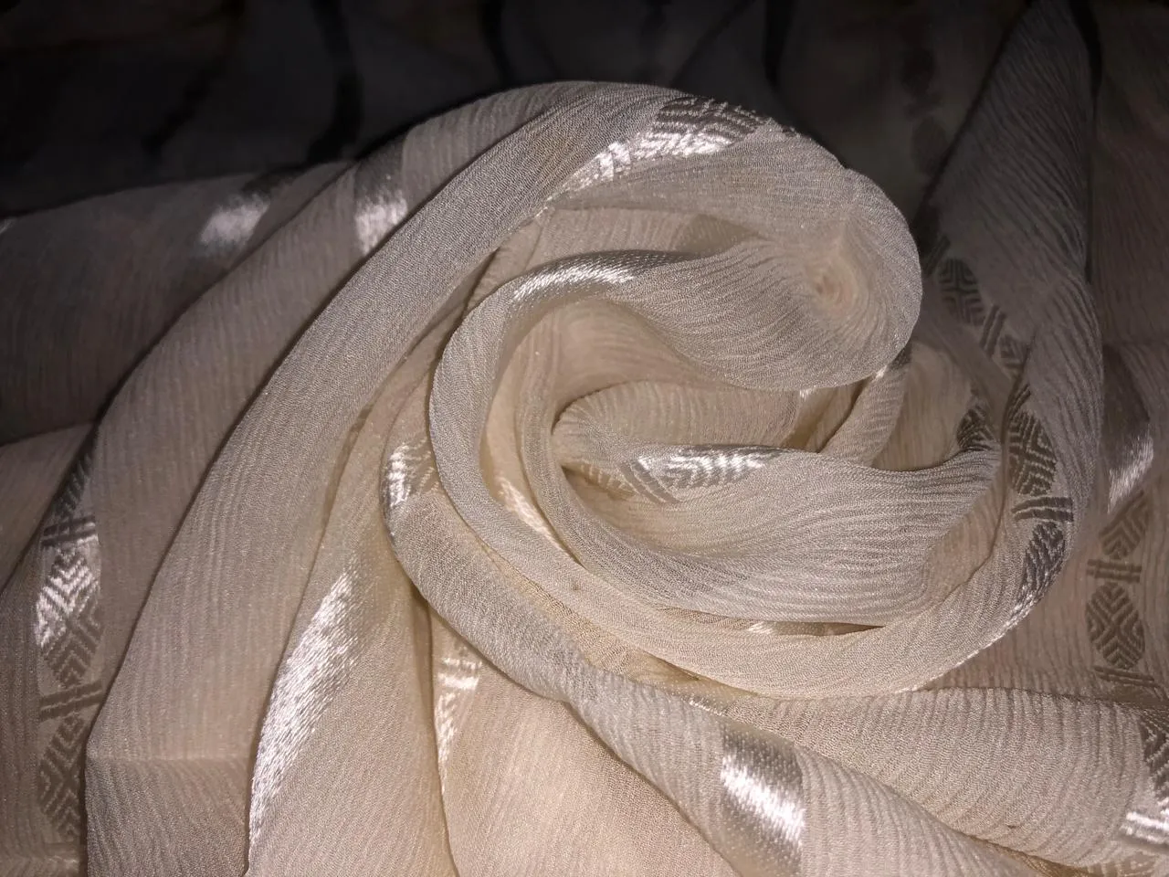 100% SILK CHIFFON  fabric white ivory with silver jacquard stripes 54" wide [16085/6949]