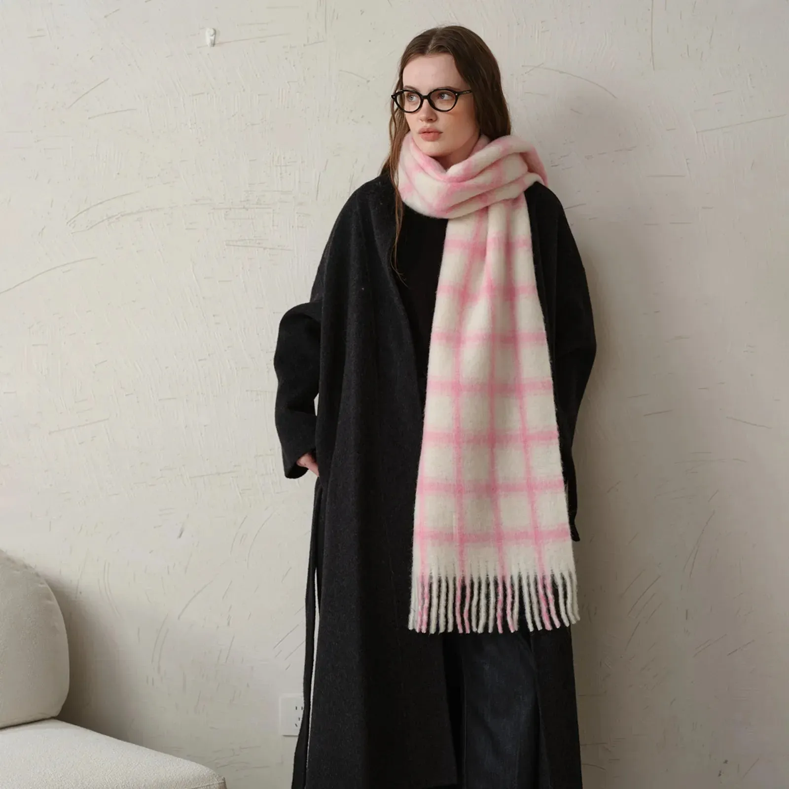 20% Wool Plaid Scarf Women Autumn Winter Soft Pink