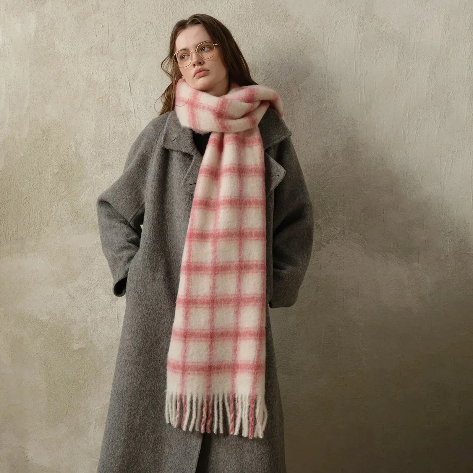 20% Wool Plaid Scarf Women Autumn Winter Soft Pink