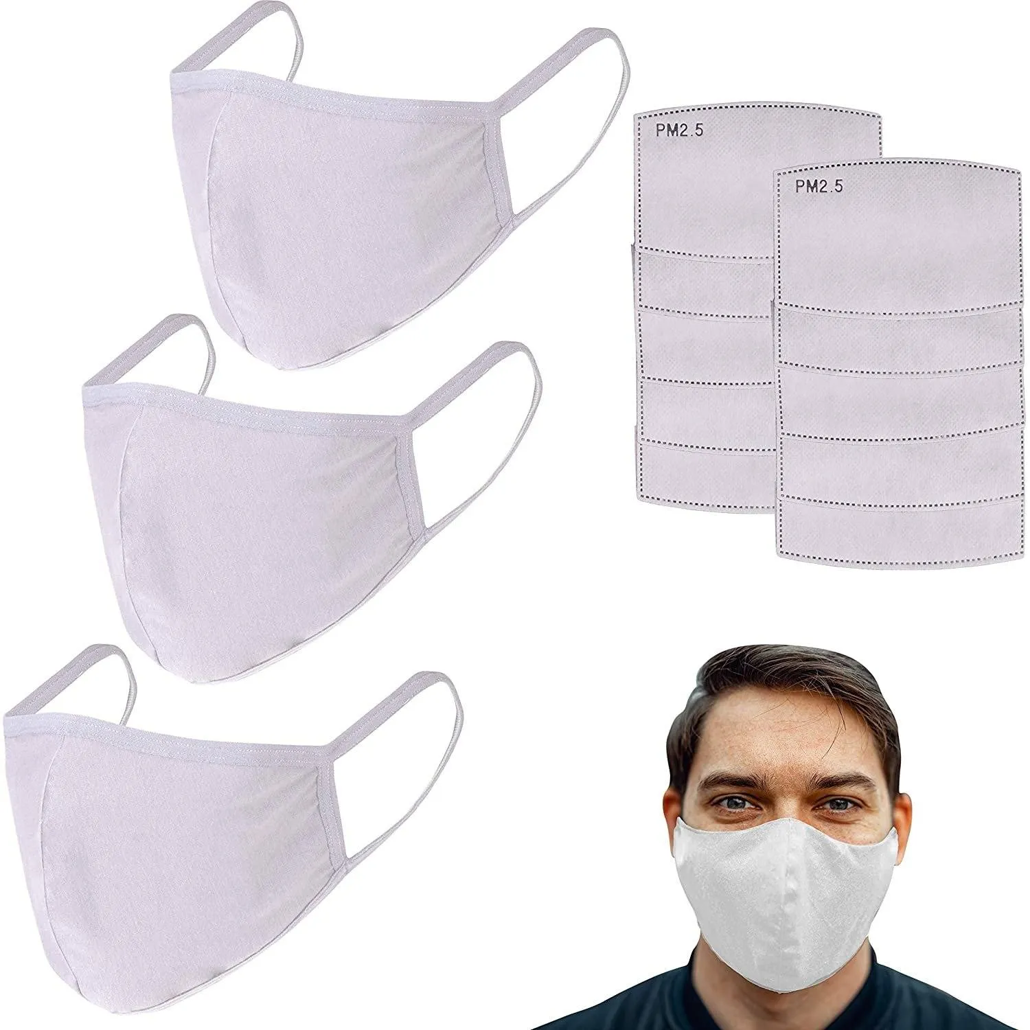 3-Pack: Cotton Reusable Face Masks with 10 Filters