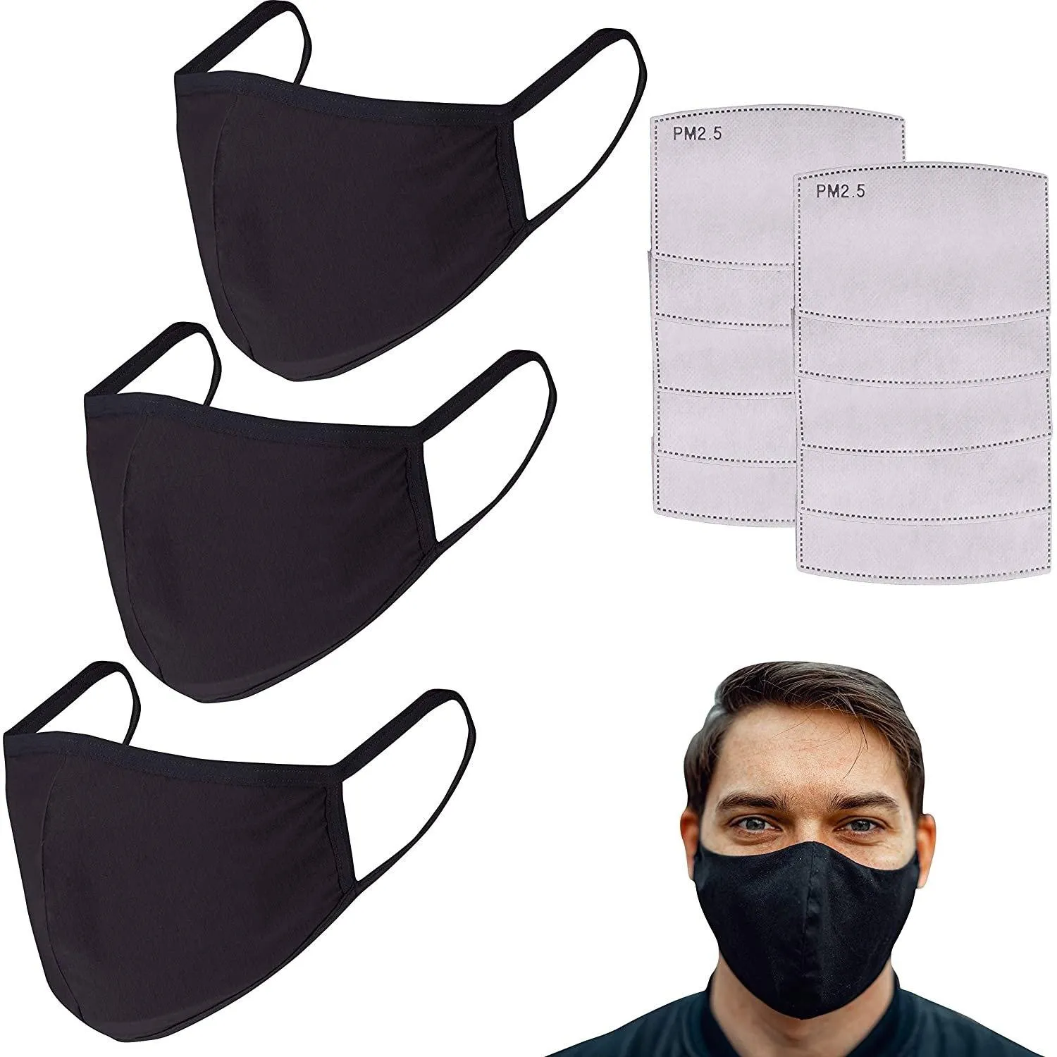 3-Pack: Cotton Reusable Face Masks with 10 Filters