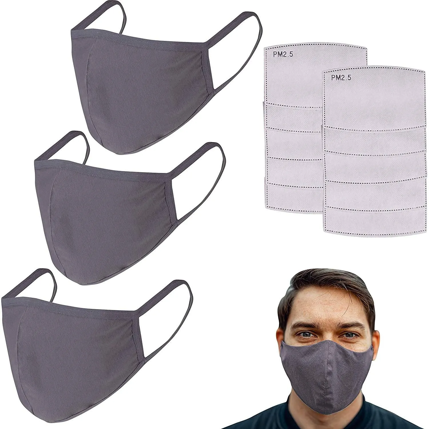 3-Pack: Cotton Reusable Face Masks with 10 Filters