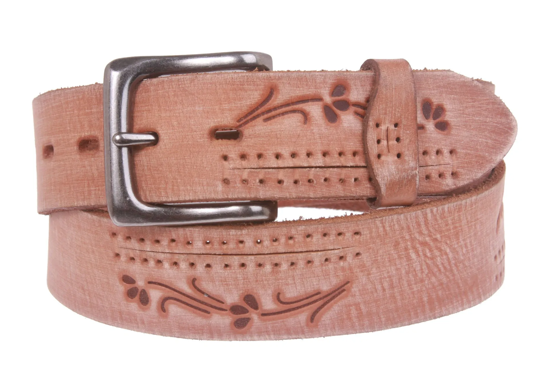 38 mm Snap On Floral Embossed Full Grain Vintage Leather Belt