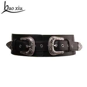 BAO XIU  Classic Style Double Aigo Silver Buckled Leather Belt