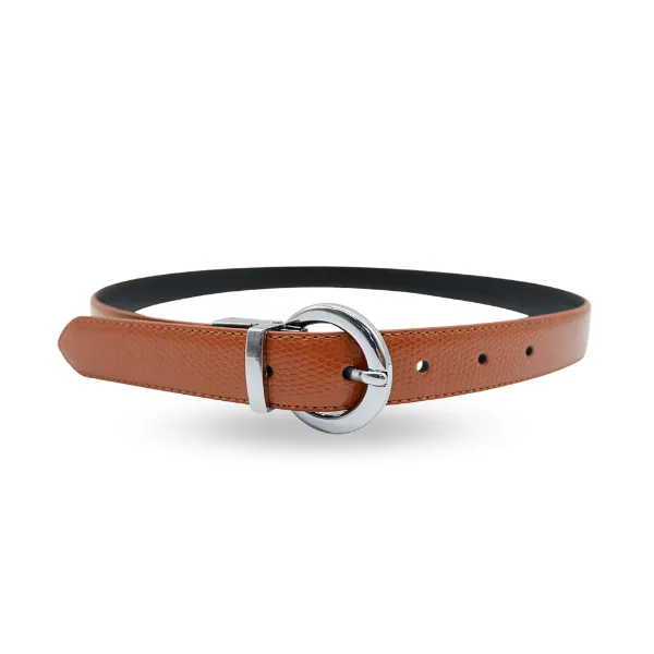 BELLA - Women Tan and Black Reversible Leather Belt with Round Buckle