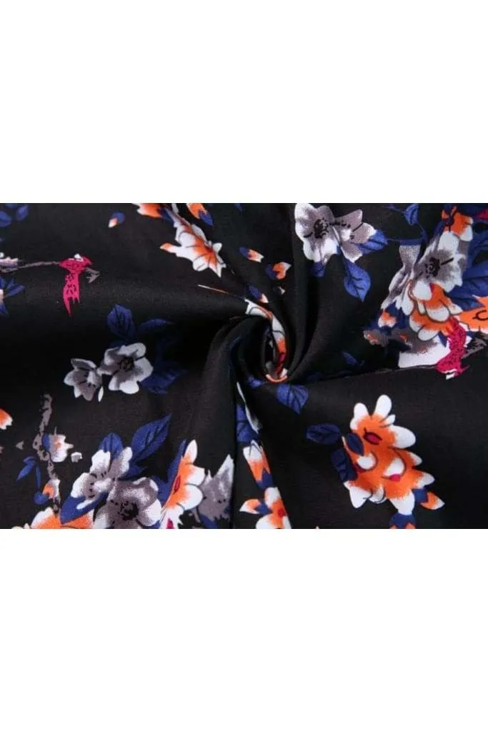 Black V Neck Collared with Sleeves Red Parrot Floral Vintage Dress