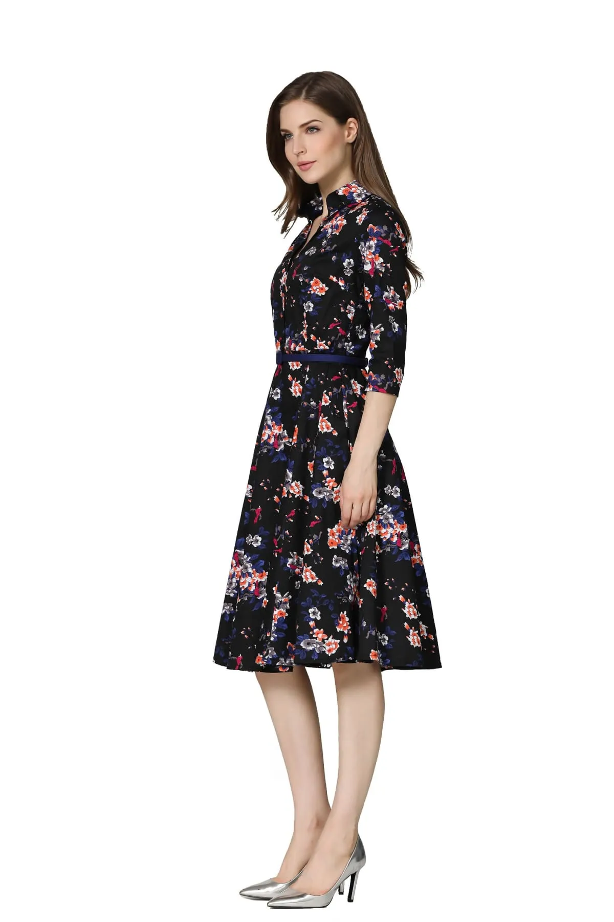 Black V Neck Collared with Sleeves Red Parrot Floral Vintage Dress