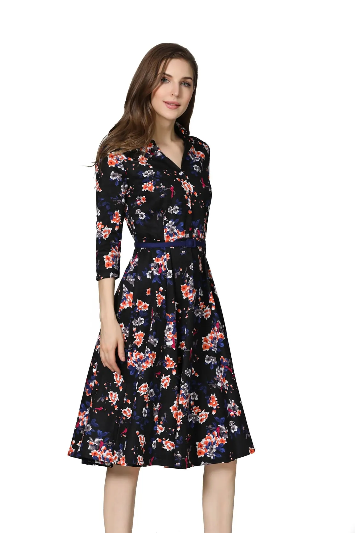 Black V Neck Collared with Sleeves Red Parrot Floral Vintage Dress