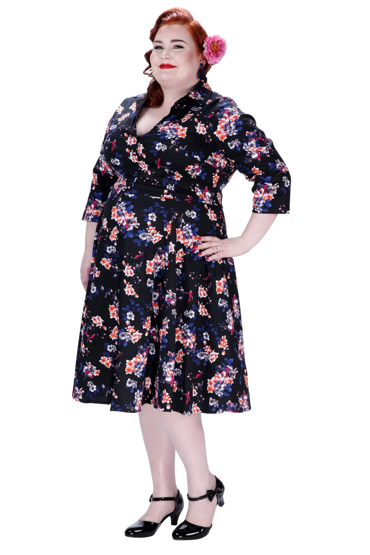 Black V Neck Collared with Sleeves Red Parrot Floral Vintage Dress