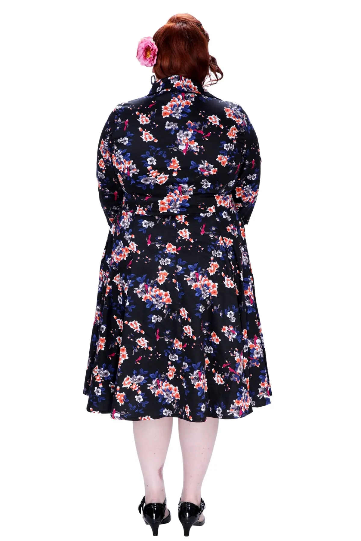 Black V Neck Collared with Sleeves Red Parrot Floral Vintage Dress