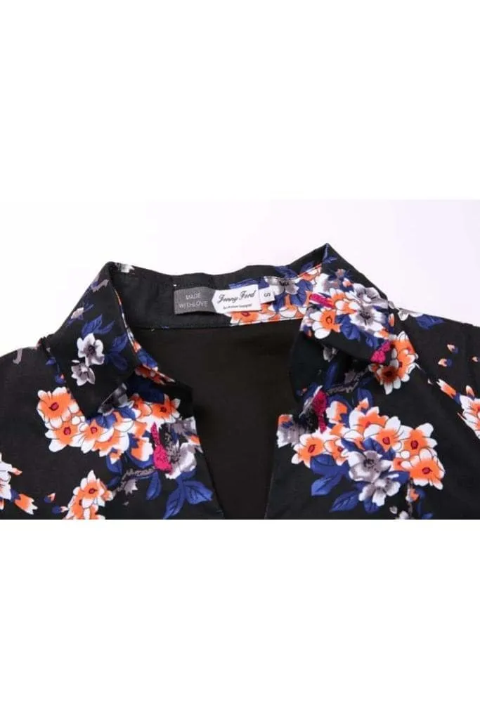 Black V Neck Collared with Sleeves Red Parrot Floral Vintage Dress