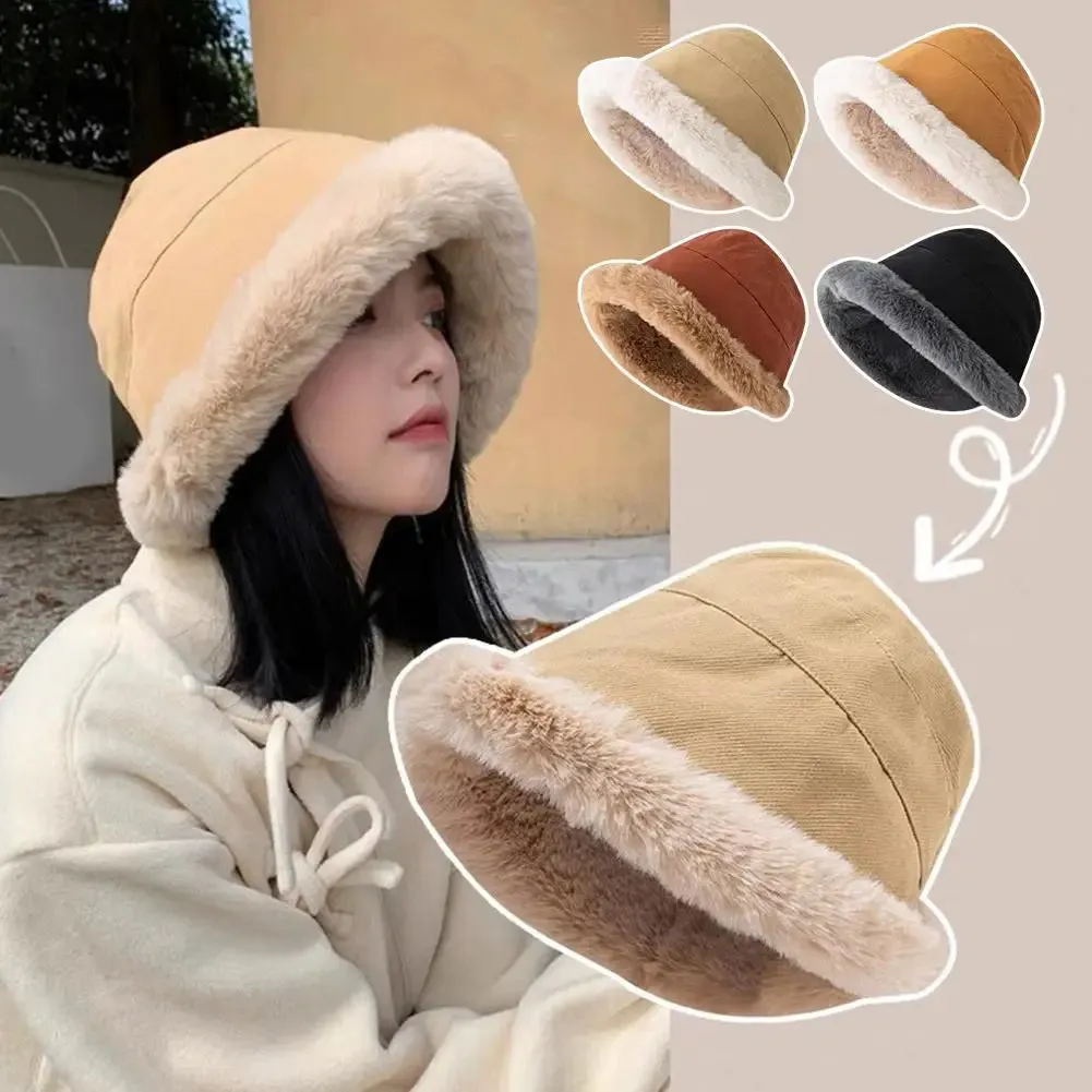 Bonnyshow Soft Thickened Plush Winter Bucket Hat Fashion Outdoor Warm Beanies Fisherman Hat Trend Ladies Windproof Panama Hats