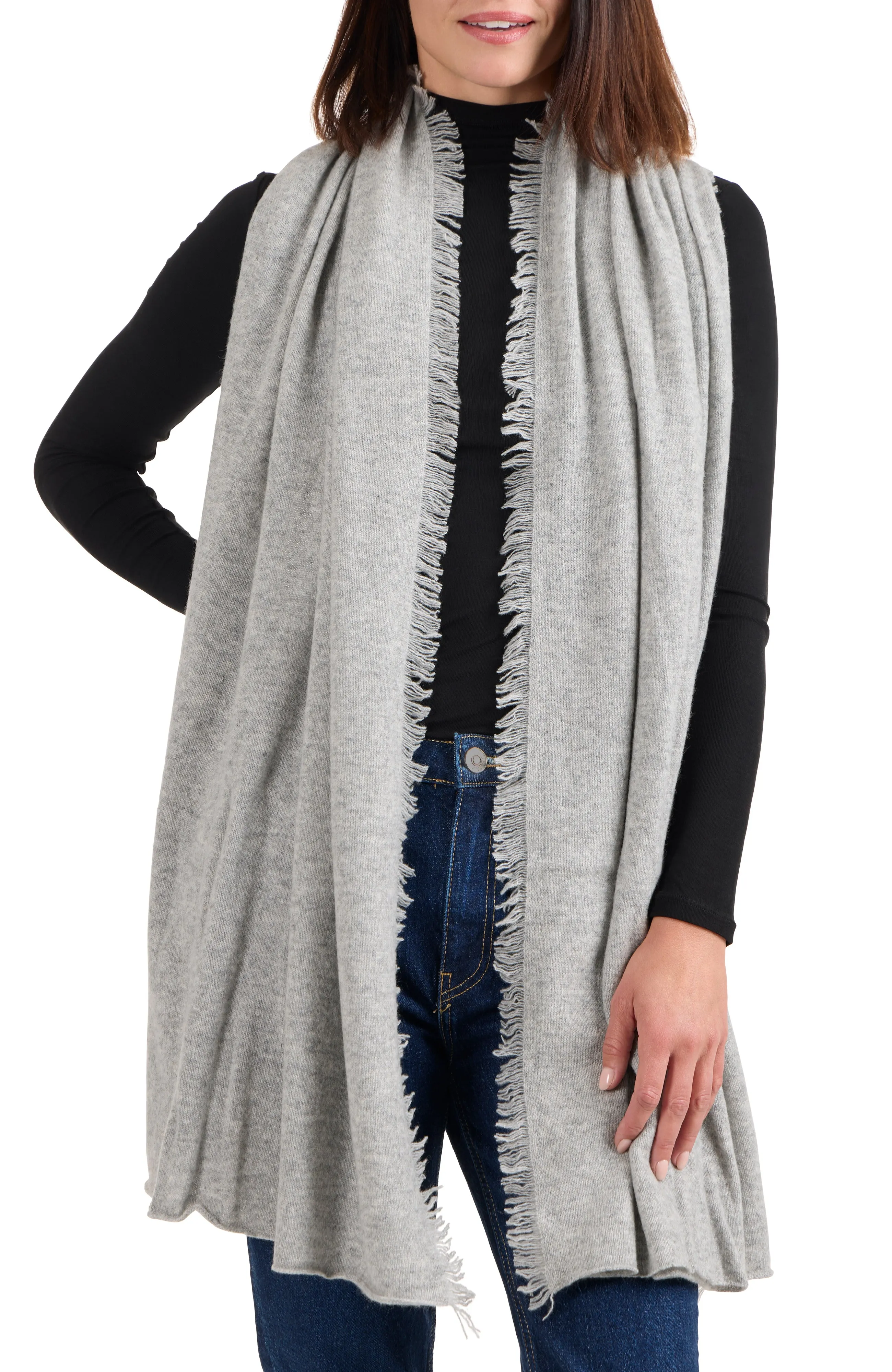 CASHMERE KNIT WRAP WITH FRINGE