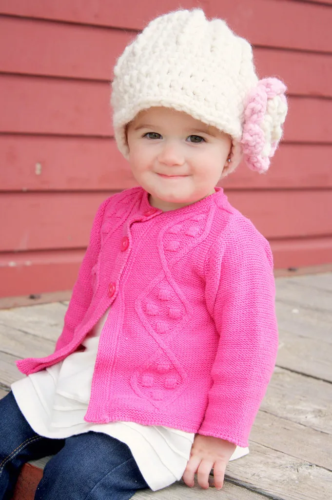 Cream & bubblegum pink flower beanie winter hat