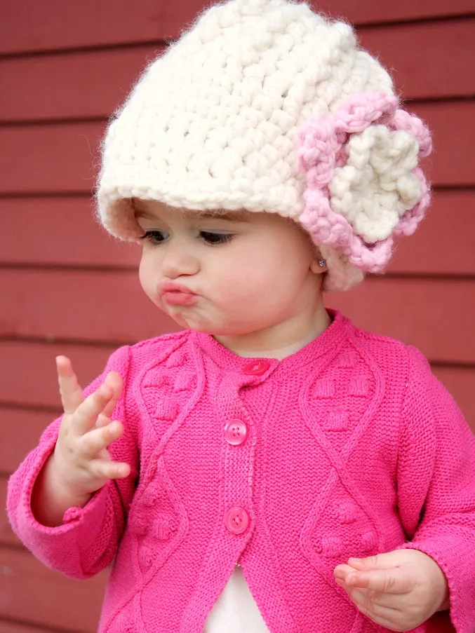 Cream & bubblegum pink flower beanie winter hat