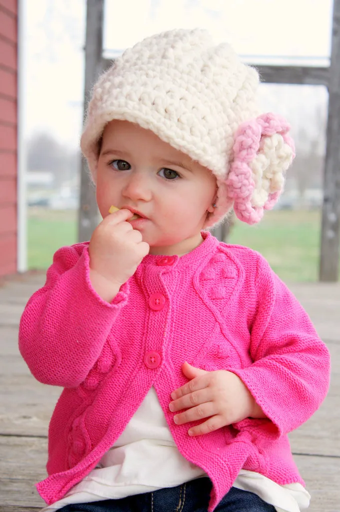 Cream & bubblegum pink flower beanie winter hat