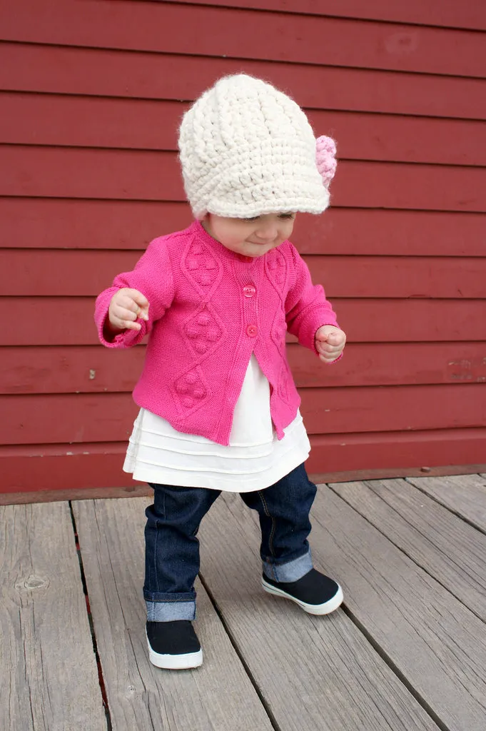 Cream & bubblegum pink flower beanie winter hat