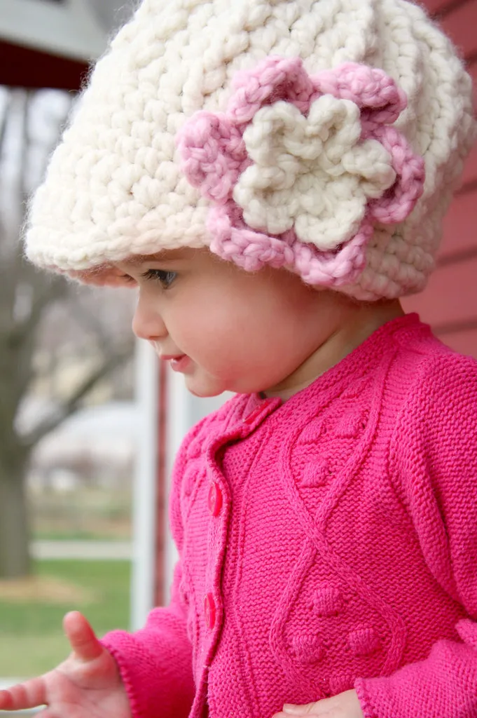 Cream & bubblegum pink flower beanie winter hat