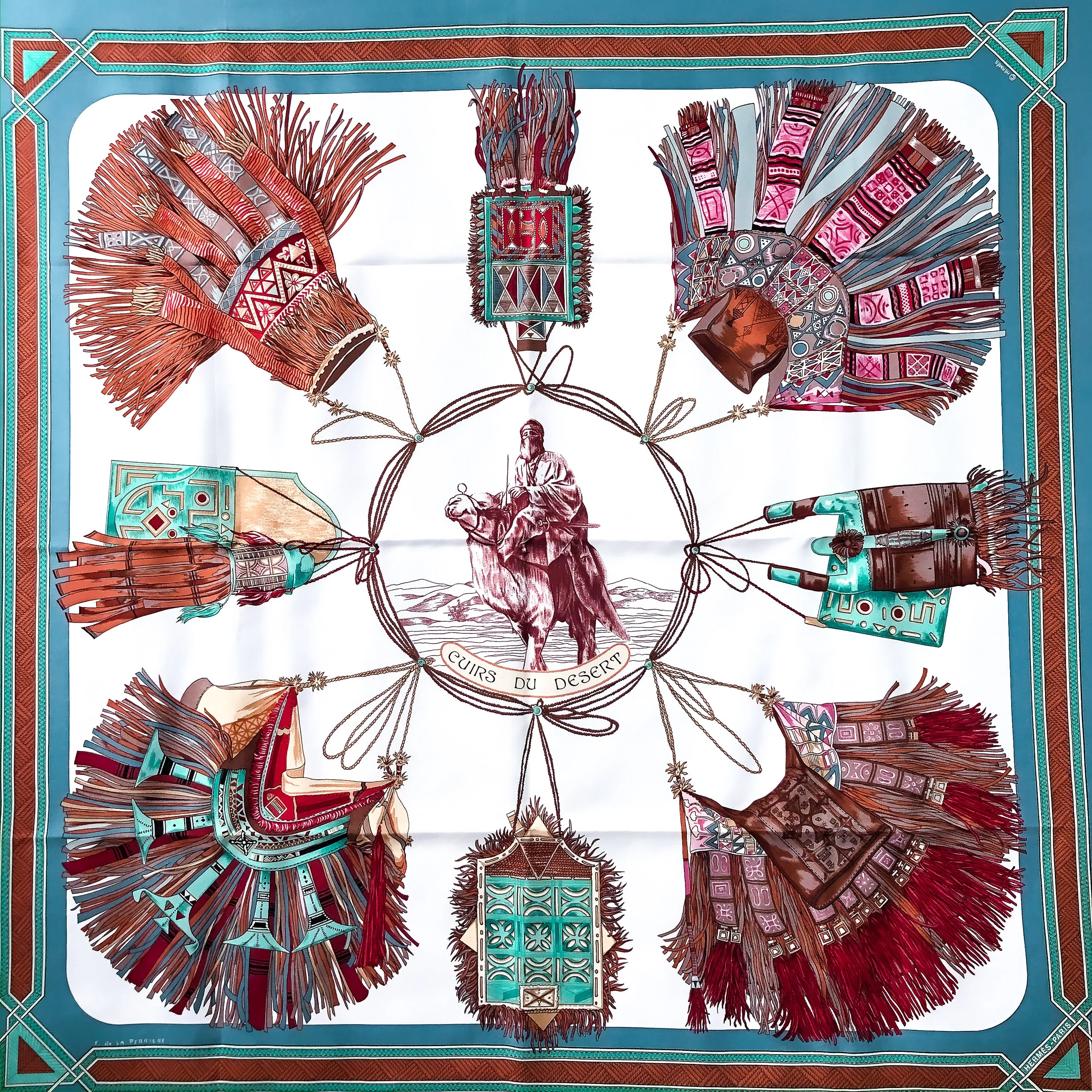 Cuirs du Desert Hermes Scarf by De la Perriere 90 cm Silk Blue