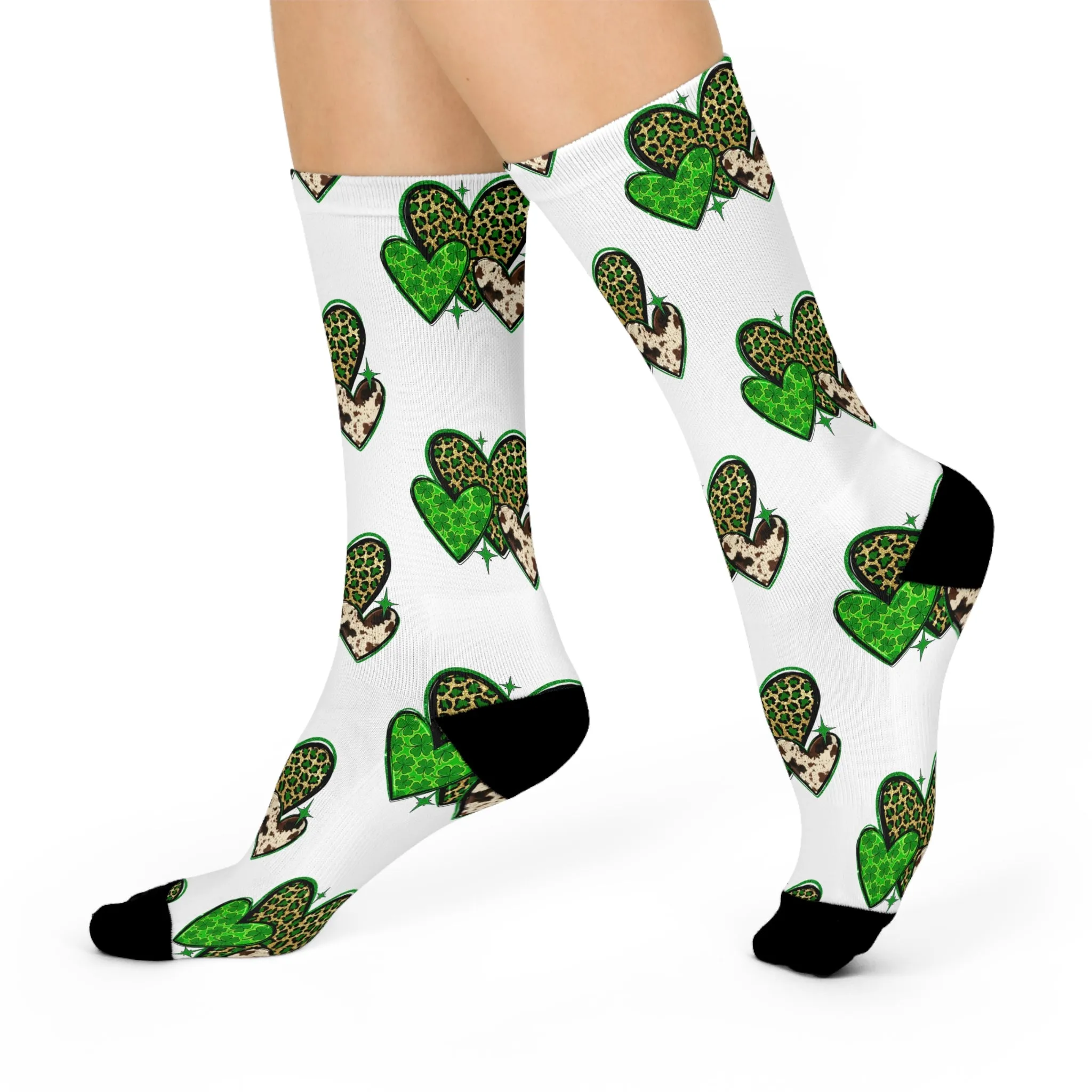 Cushioned Crew Socks Featuring Trendy Green Hearts, Fun Fashion Socks, Unique Gift for Her, St. Patricks Day, Everyday Wear, Cool Patterns