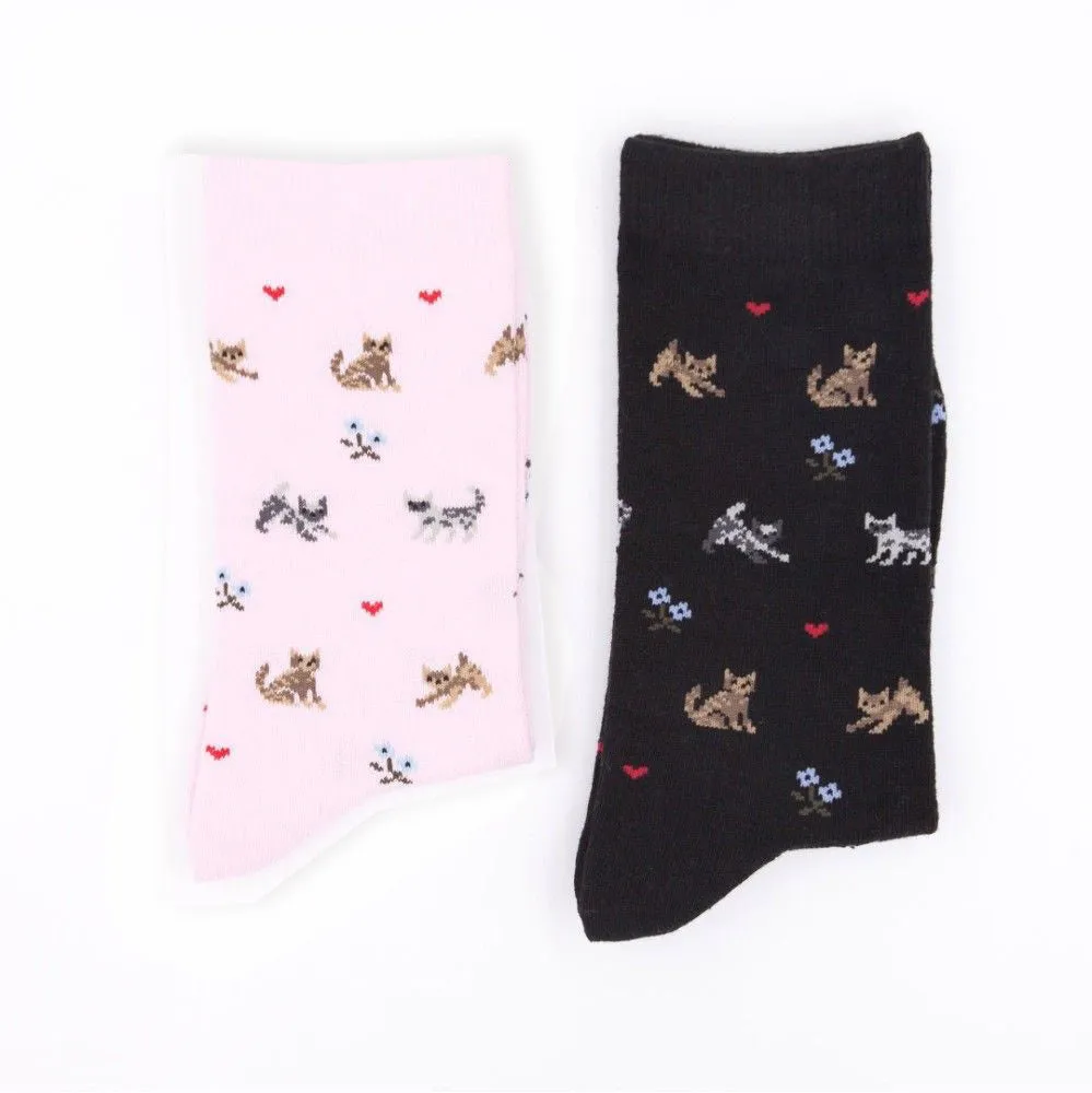 Cute Cat 2 Pairs Black Pink Crew Socks for Women