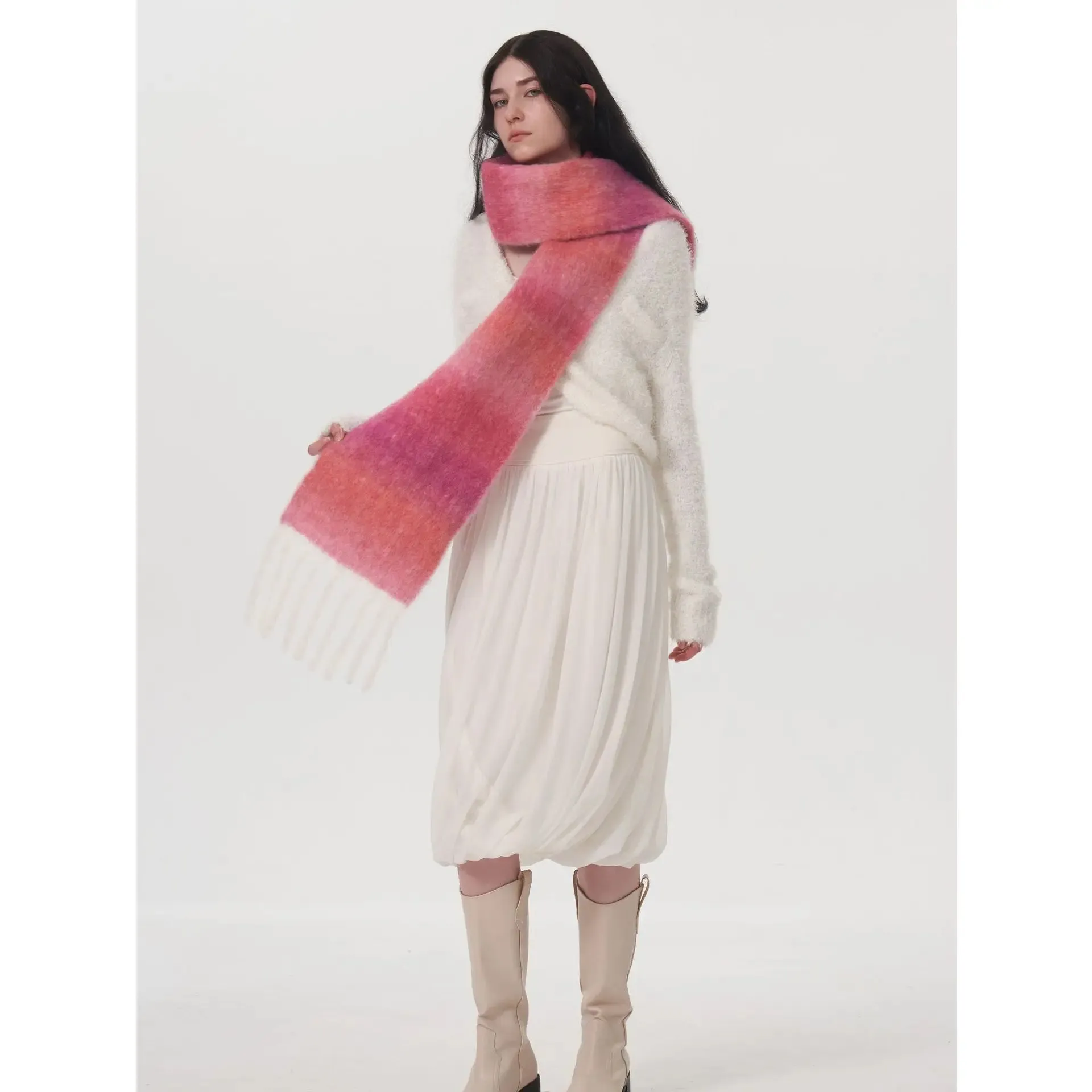 Design Light Luxury Models Gradient Color Wool Striped Fringed Mohair Scarf