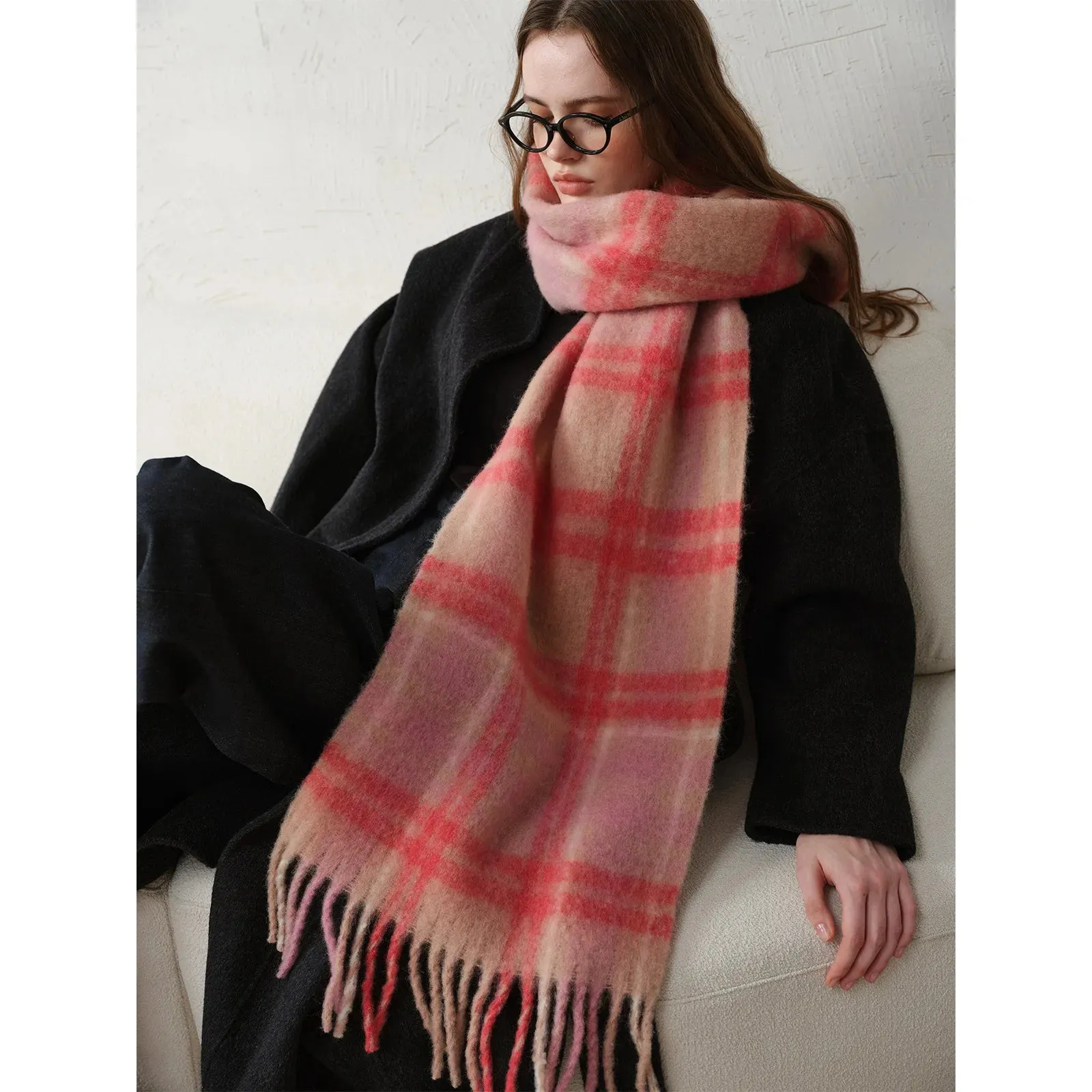 Design Wool Scarf Women Winter Elegant Minimalist Thickened Pink Plaid Scarf