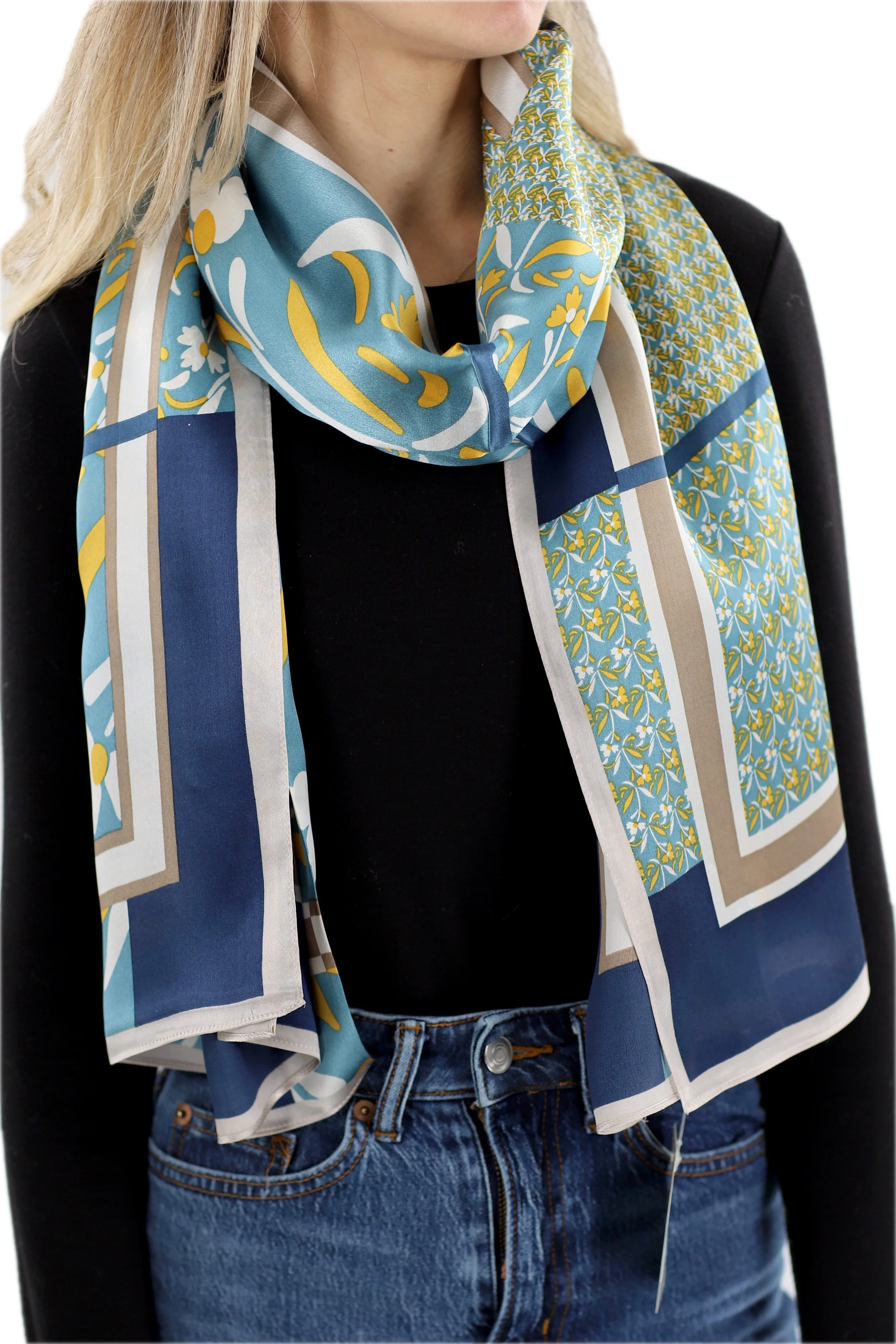 Elegant 100% Silk Floral Print Scarf - Blue - One Size (38x30in)