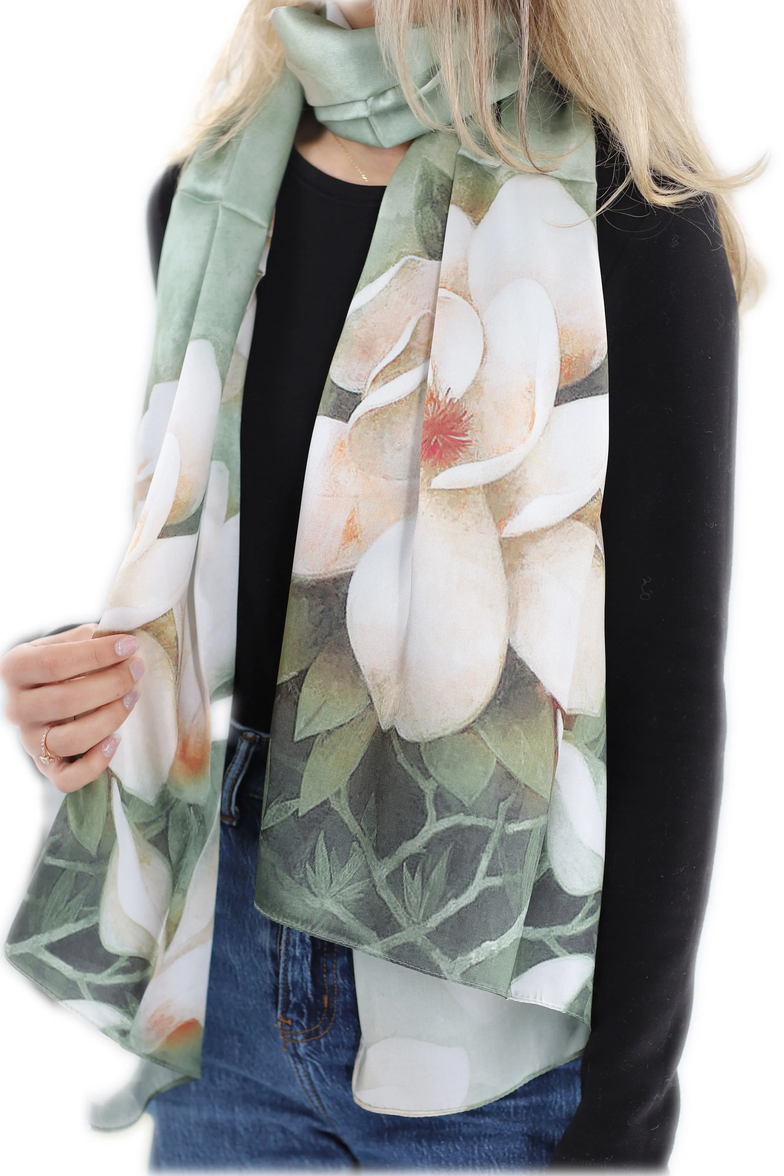 Elegant 100% Silk Floral Print Scarf - Green - One Size (38x30in)