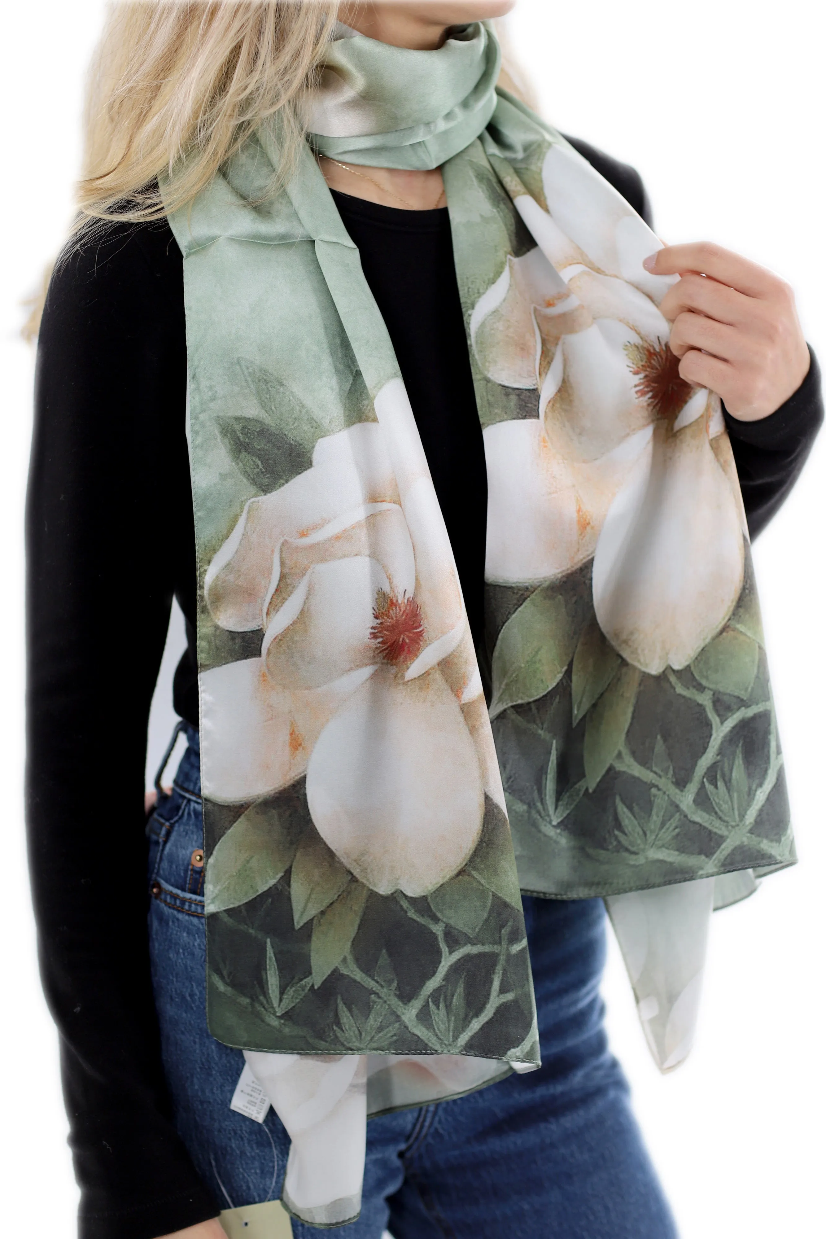 Elegant 100% Silk Floral Print Scarf - Green - One Size (38x30in)