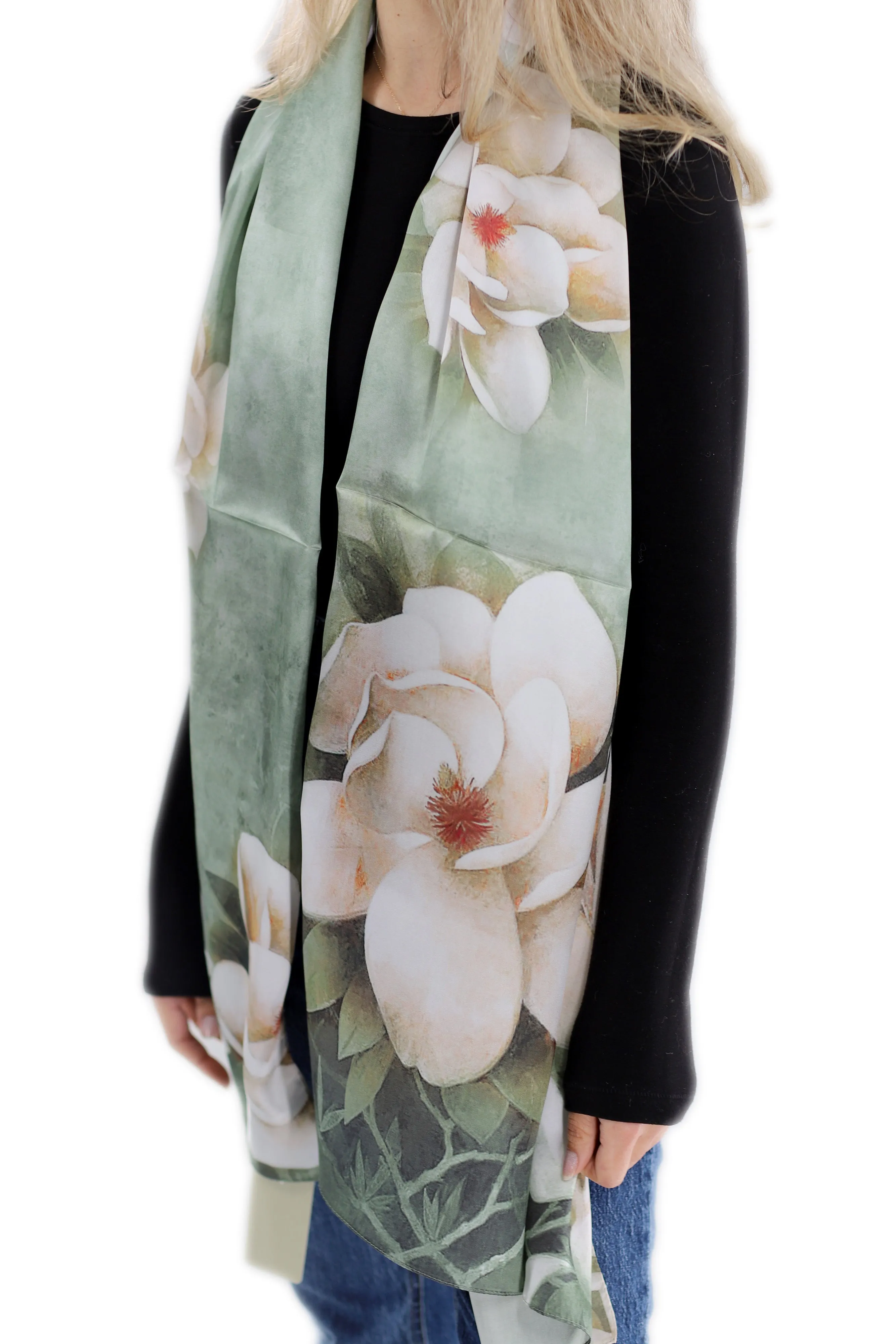 Elegant 100% Silk Floral Print Scarf - Green - One Size (38x30in)