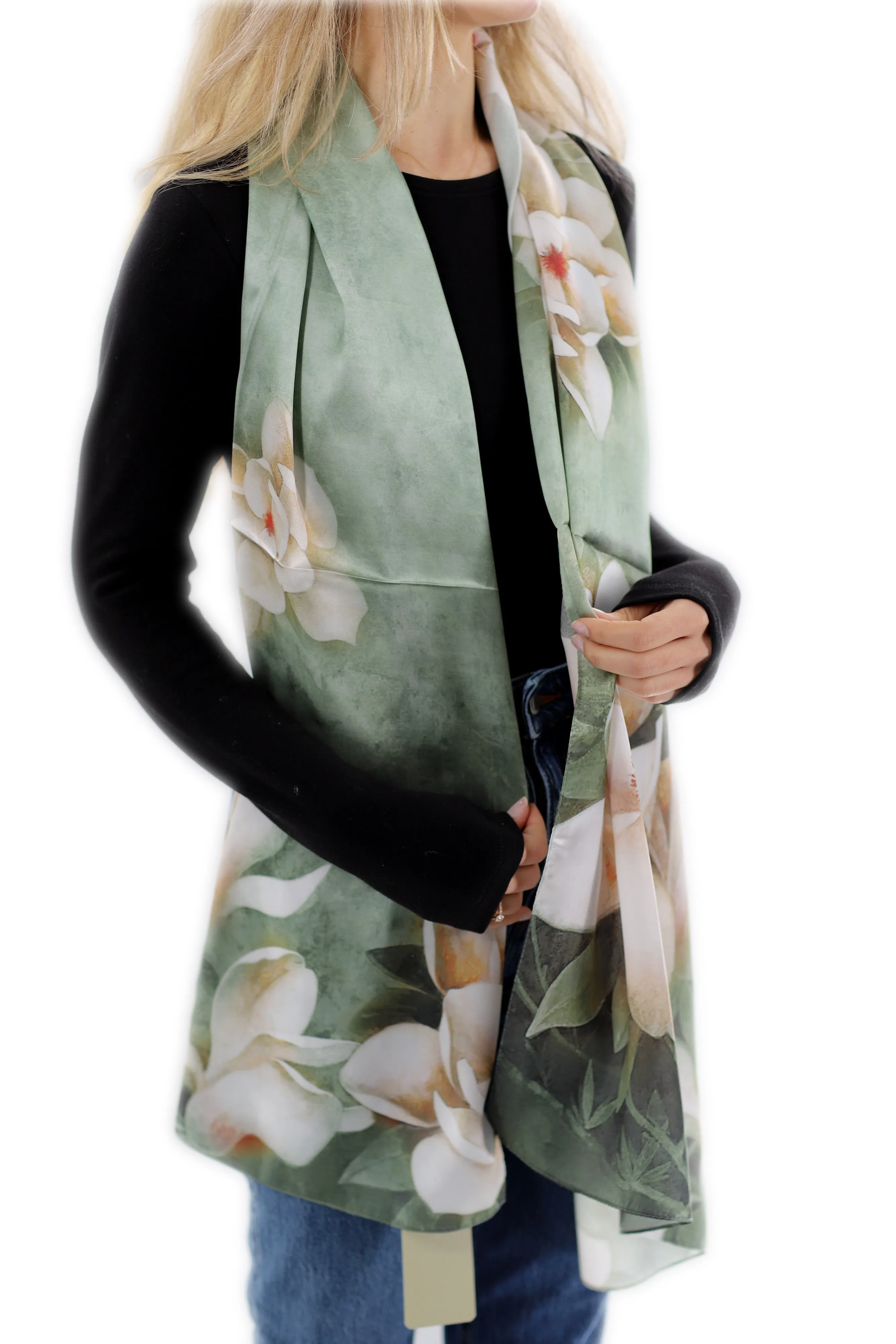 Elegant 100% Silk Floral Print Scarf - Green - One Size (38x30in)