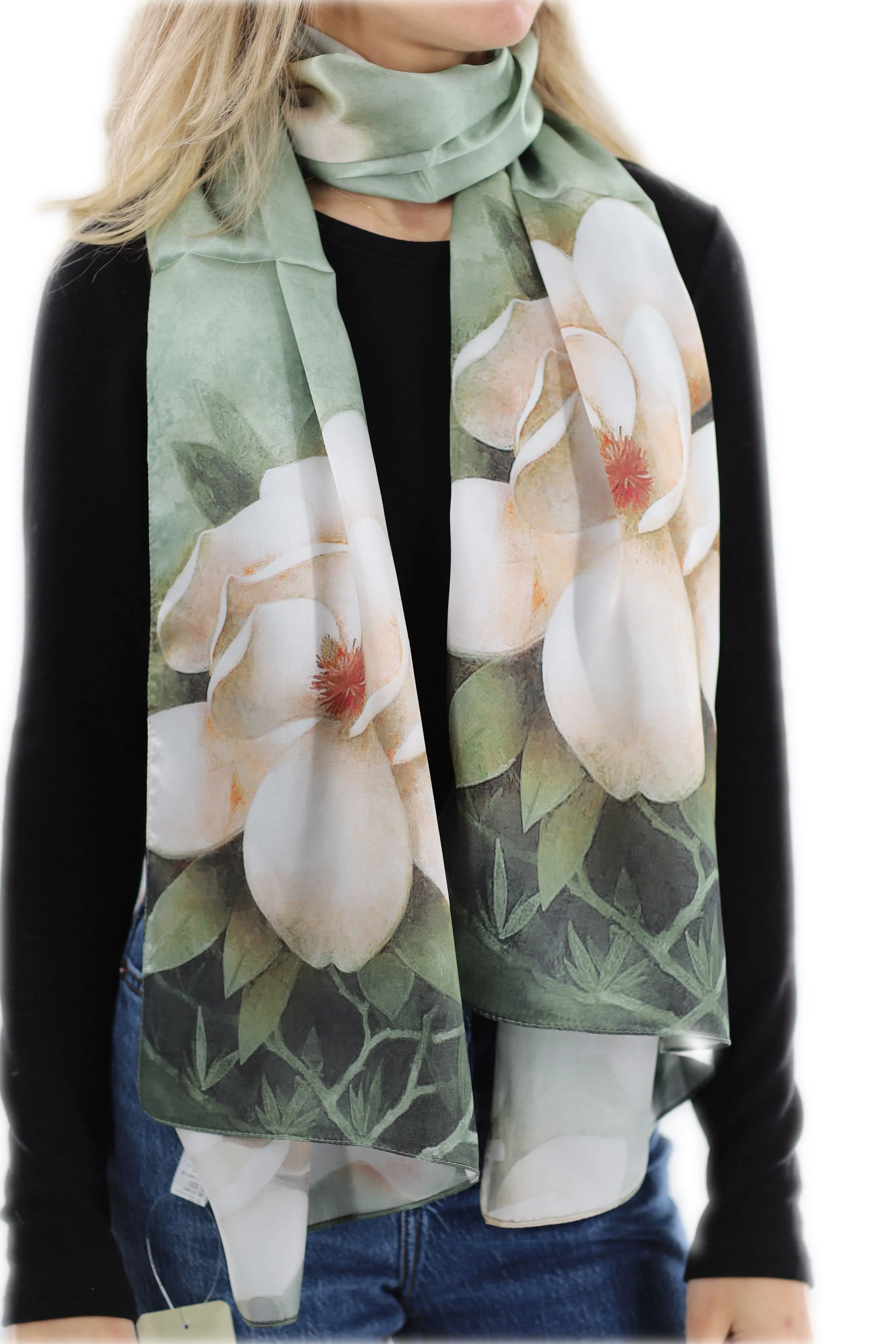 Elegant 100% Silk Floral Print Scarf - Green - One Size (38x30in)