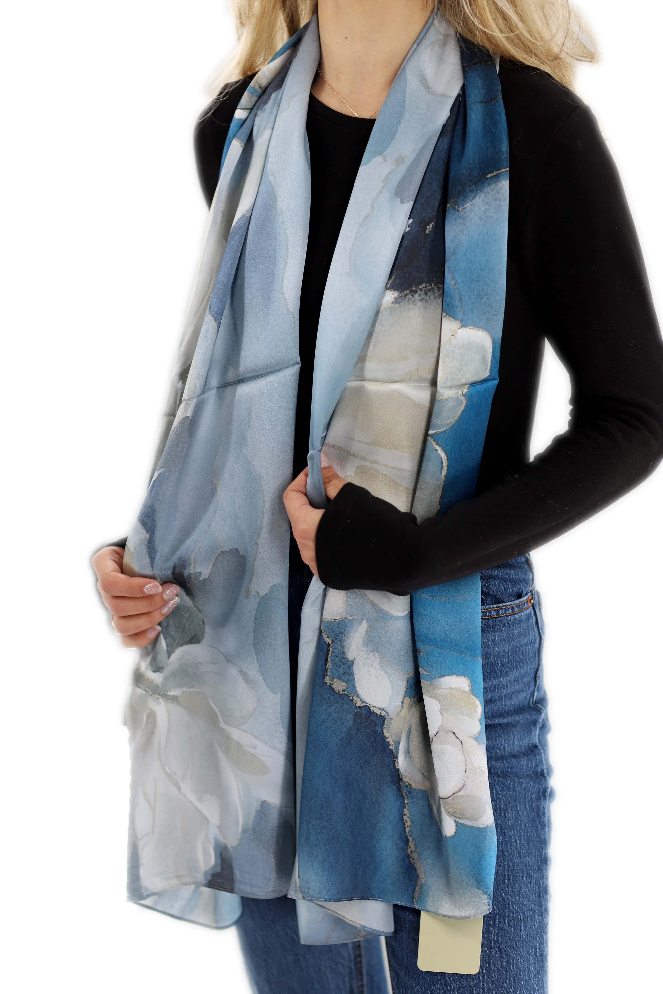 Elegant 100% Silk Floral Print Scarf - Peacock Blue - One Size (38x30in)