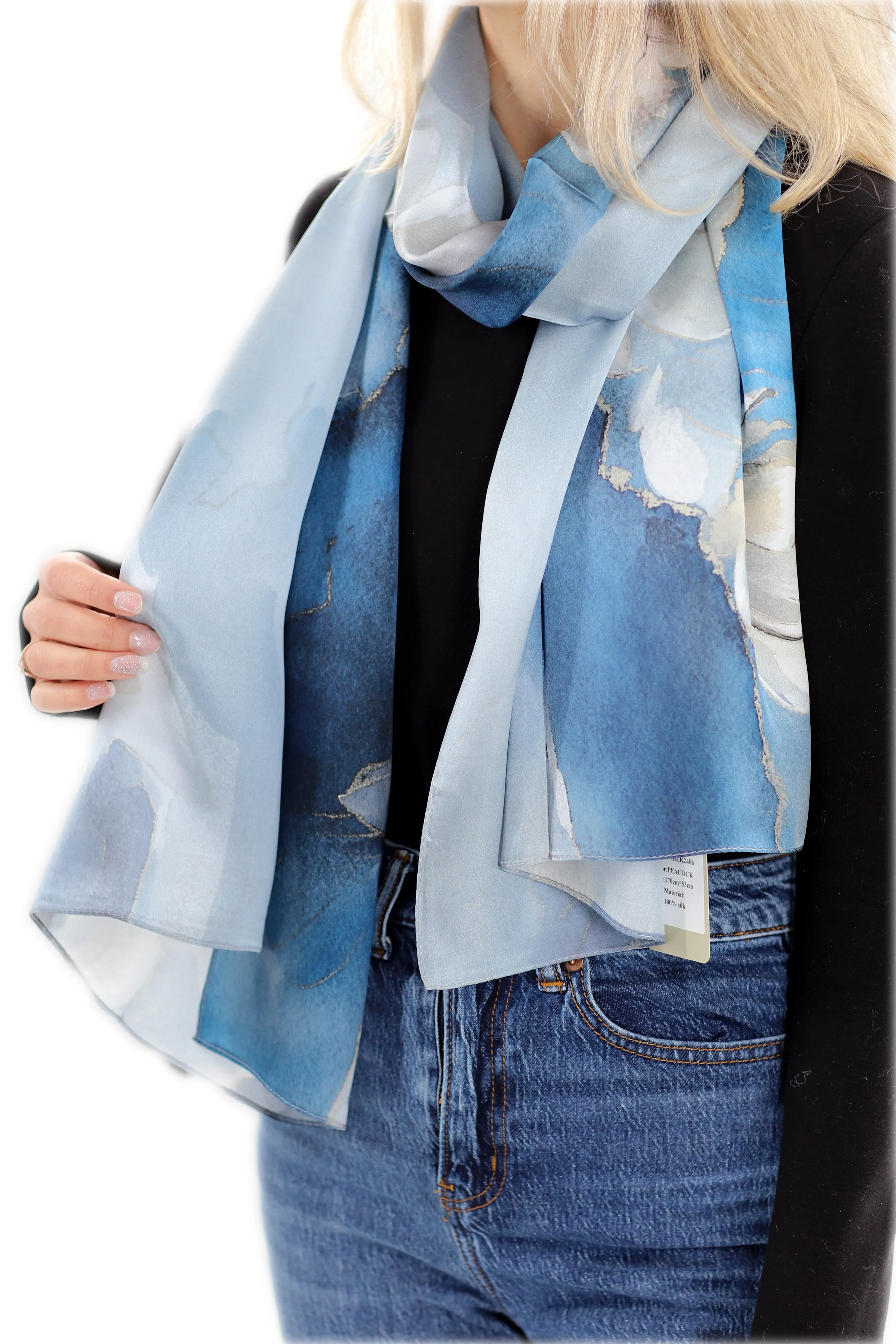 Elegant 100% Silk Floral Print Scarf - Peacock Blue - One Size (38x30in)