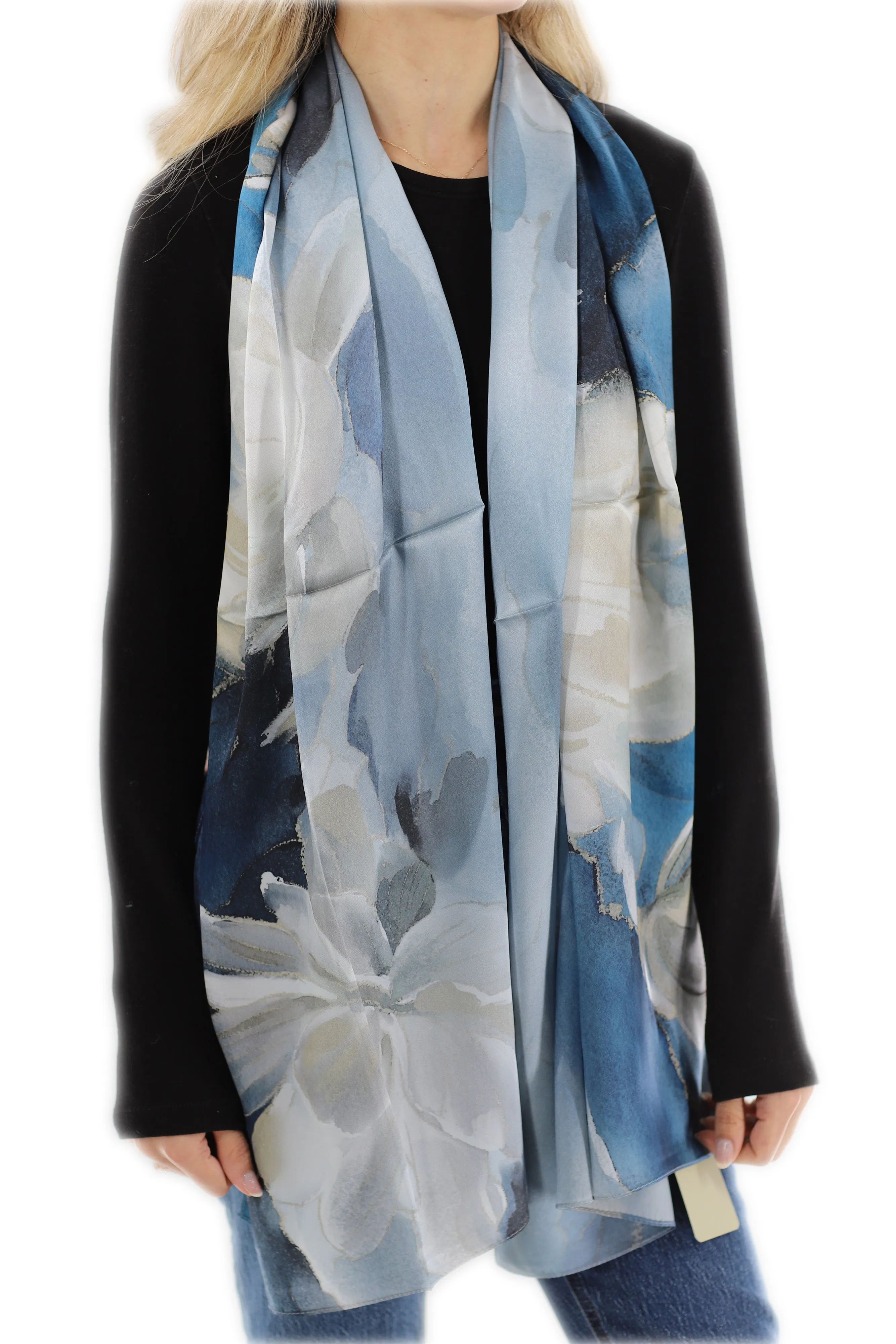 Elegant 100% Silk Floral Print Scarf - Peacock Blue - One Size (38x30in)