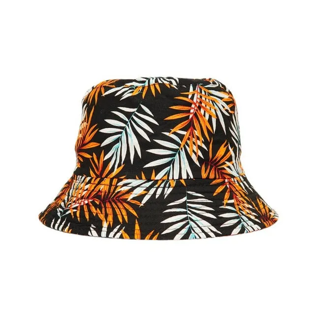 Fashion Reversible Leaf Print Bucket Hat Summer Sun Caps For Women