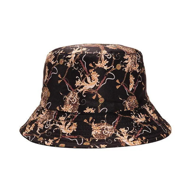 Fashion Reversible Leaf Print Bucket Hat Summer Sun Caps For Women