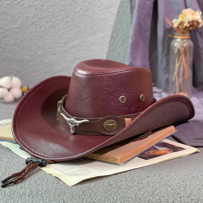 Faux Leather Western Cowboy Hats Panama Cowgirl Jazz Cap