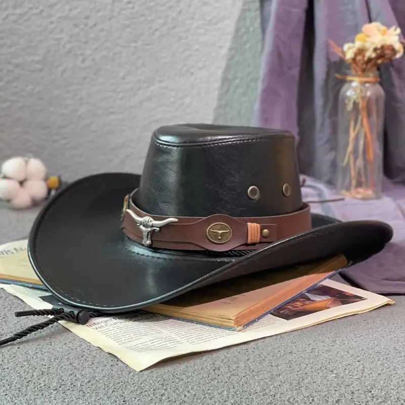 Faux Leather Western Cowboy Hats Panama Cowgirl Jazz Cap