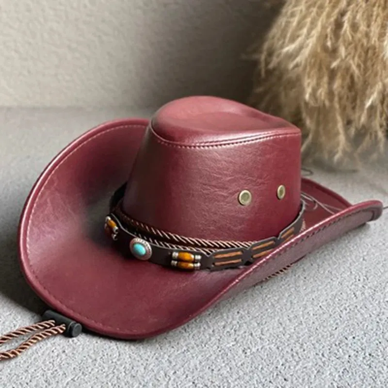 Faux Leather Western Cowboy Hats Panama Cowgirl Jazz Cap