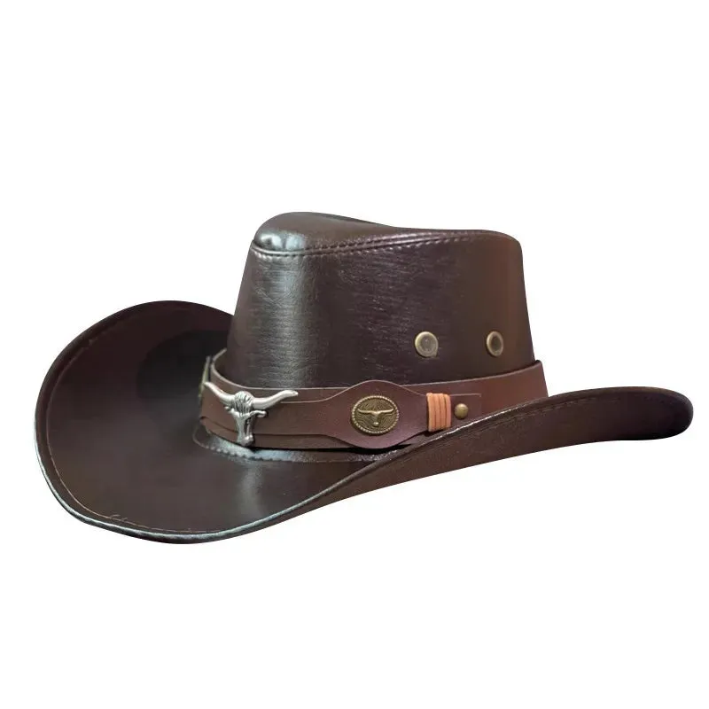 Faux Leather Western Cowboy Hats Panama Cowgirl Jazz Cap