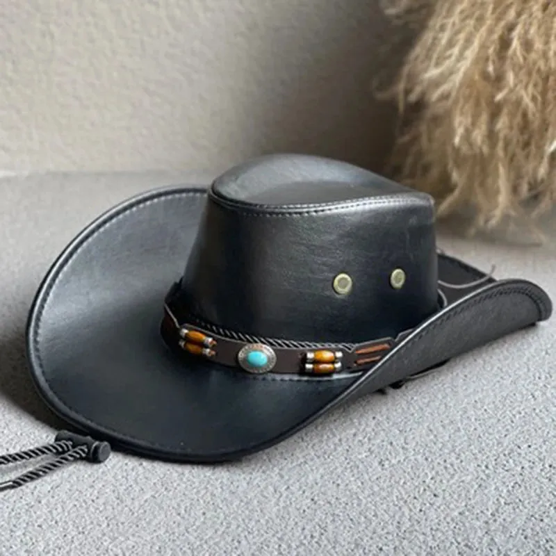 Faux Leather Western Cowboy Hats Panama Cowgirl Jazz Cap