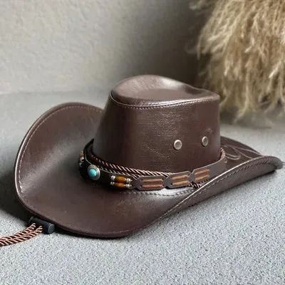 Faux Leather Western Cowboy Hats Panama Cowgirl Jazz Cap