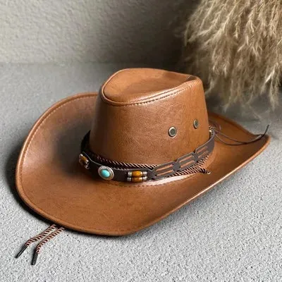 Faux Leather Western Cowboy Hats Panama Cowgirl Jazz Cap