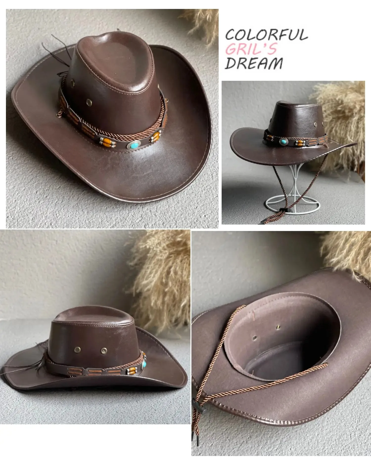 Faux Leather Western Cowboy Hats Panama Cowgirl Jazz Cap