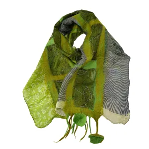 Green Felt and Saree Vintage Scarves with Flower Hanging