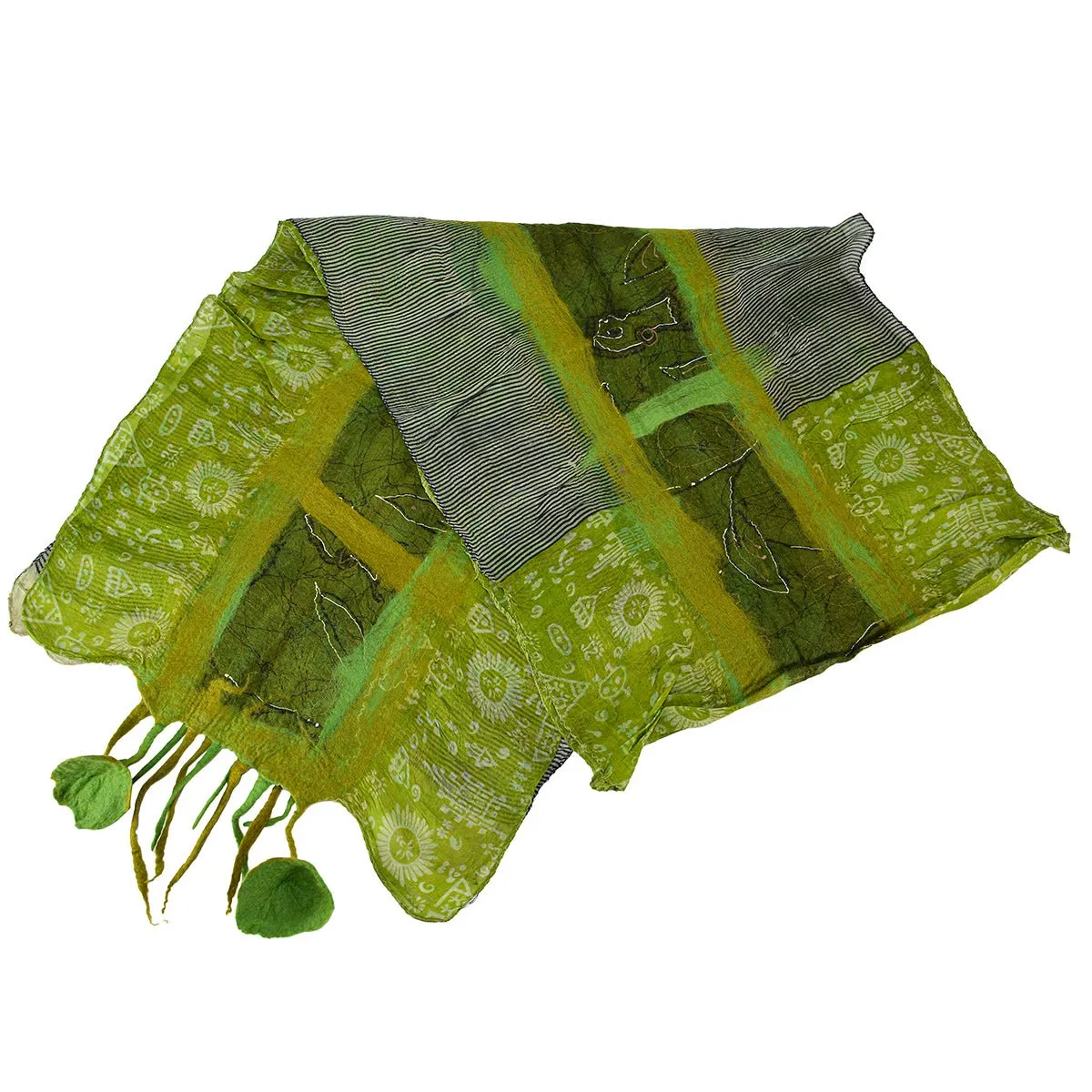 Green Felt and Saree Vintage Scarves with Flower Hanging